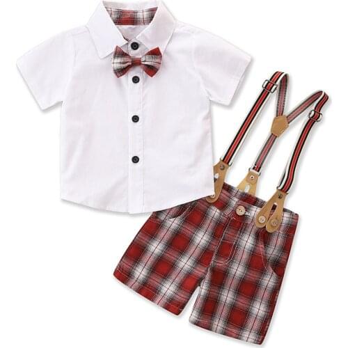 Gentleman Suits 2 Pieces Kids Suit Set Boys Plaid Turn-Down Collar Short Sleeve Shirt Suspender Trousers for Summer Fall