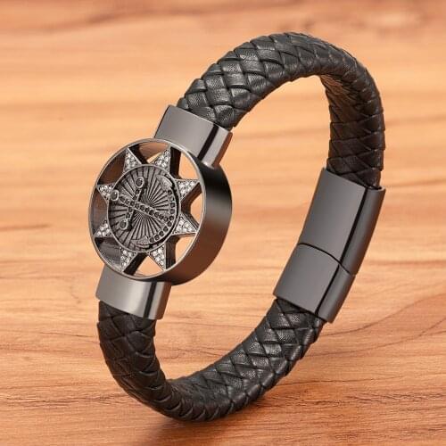 Hot Selling Punk Magnetic Clasp Bracelets Fashion Business Mens Stainless Steel Black Braided Leather Cord Bracelet Bangles