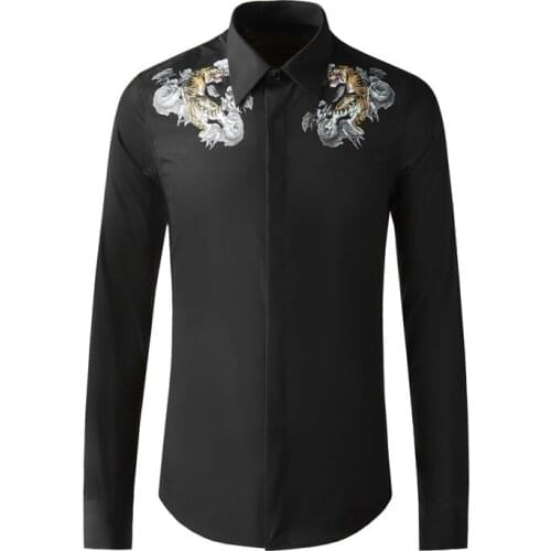New Arrival Fashion Super Large Cotton Rose Tiger Spring Autumn Men Long Sleeve Chinese Style Print Casual Shirt Plus Size M-4XL