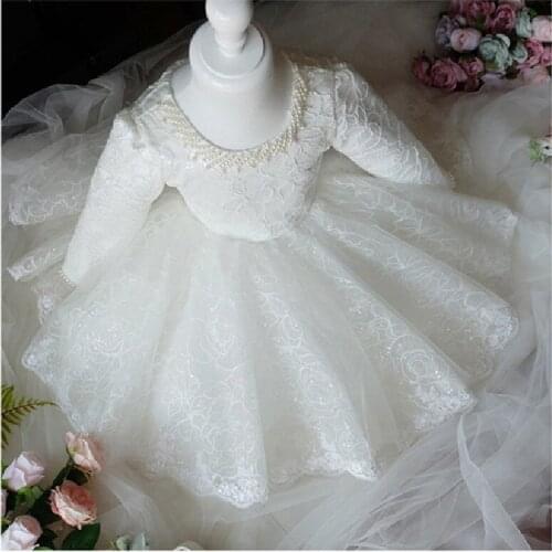 Teenager Girls Dresses Handmade Pearl For Wedding 1st Birthday Party Girls Dress Long Sleeve Princess Girls Baptism Ball Gown