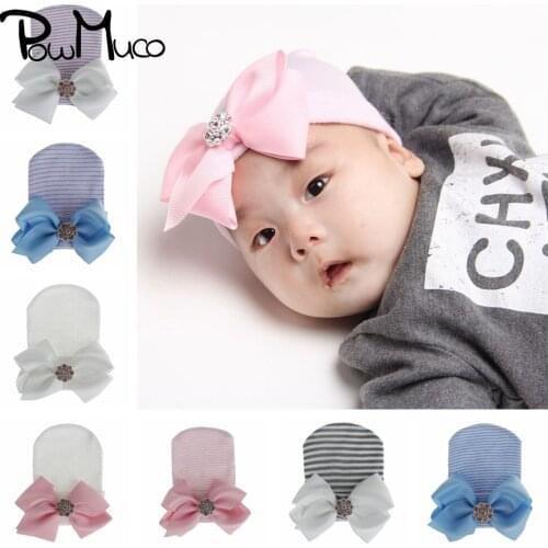 Powmuco 10*9 CM Grosgrain Ribbon Big Bowknot Hats with Colorful Rhinestone Baby Girls Striped Knitted Caps Infant Headwear