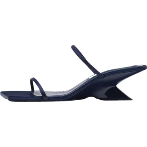 2021 Summer New Simple Open-toed Thin Strap Wedge Sandals Square Head Sexy High-heeled Roman Slippers Flip Flops Blue Slides