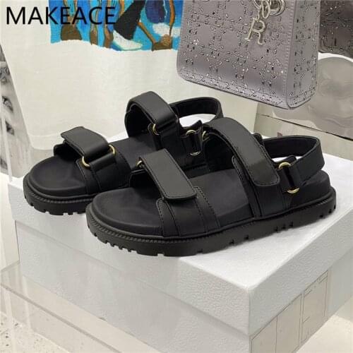 New Summer Genuine Leather Women Sandals Thick Sole Beach Vacation Shoes Ladies Black White Flats Sandals For Woman mujer 2021