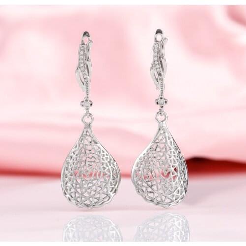 New Design White Gold Shiny Zircon Long Earrings Women Wedding Hollow Irregular Leaf Drop Earring Classic Charm Jewelry