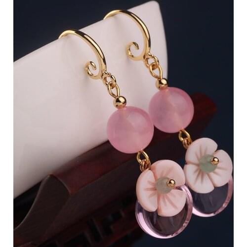 Spring and summer new sweet pink crystal earrings vintage earrings for women temperament long flower earrings