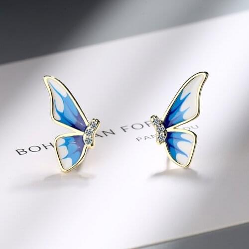 Vintage Ethnic Enamel Butterfly Stud Earrings For Women Epoxy Gradient Blue Earring Stud Elegant Earring Piercing Accessories