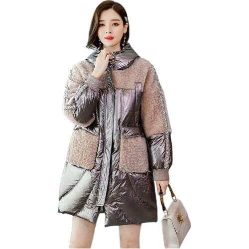 High-quality Winter Parka lamb wool Splicing Cotton Coat Women Thick Warm Beading Padded Jacket Glossy Hooded Outerwear KW116