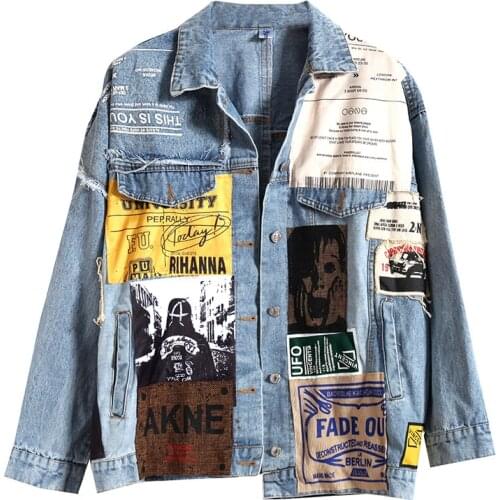 2021 New Autumn Womens Denim Jacket Vintage Overcoat Appliques Pattern Jeans Jacket Black Coat Female Casual Loose Outerwear