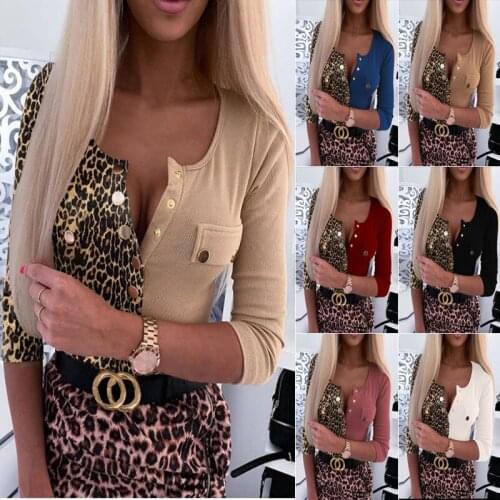 Spring Slim Top Sexy O-Neck Long Sleeve Leopard Shirt Women Autumn Buttons Tops Women 2021 Blouses Haut Femme Oversized T-shirt