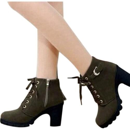 2020 New Autumn Winter Women Boots High Quality Solid Lace-up European Ladies Shoes PU Leather Fashion Boots