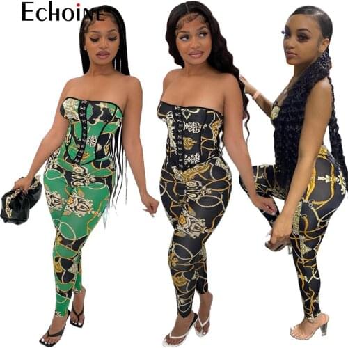 Echoine Women Print Single-breasted Set Vest Backless Tops and Slim trousers Two Piece Sets Casual Tracksuit Summer Sexy Outfits