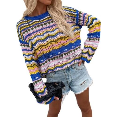 Sexy Hook Flower Hollow Sweater Womens Fall/Winter 2021 New Loose Color Rainbow Round Neck Striped Knit Top