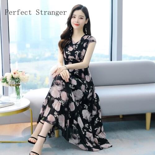 2021 Summer New Arrival Hot Sale V Collar Flower Printed Women Long Chiffon Dress M-4XL High Quality