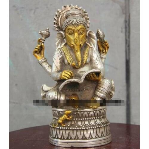 17CM China bronze Silver-gilt India Ganesha Elephant Sit Sculpture Buddha Statue