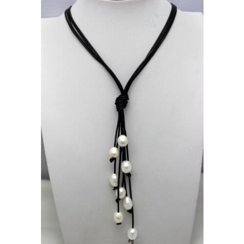8 Beads of White Fresh Water Pearl Handmade 4Strand The tiny Black Leather Necklace 9x12mm 20INCH