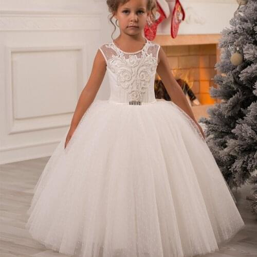 White Flower Girl Dress Kids Ball Gowns First Communion Dresses Pageant Girls Glitz Scoop Sleeveless Bead Tulle Girl Dresses