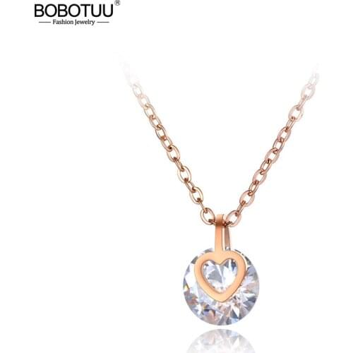 BOBOTUU Titanium Stainless Steel CZ Crystal Choker Necklaces Jewelry Trendy Heart Charm Pendant Necklace For Women BN20021