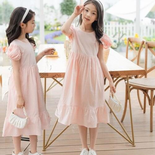 Kids Dress Girls Clothing Summer 2021 New Cotton Mid Long Children Teen Dresses Girl Puff Sleeve Baby School Clothes Pink