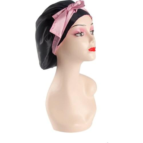 Customized Logo Double Satin Layers Two Colors Wrap Bonnets With Wide Edge Control Wrap Satin Head Band Women Sleep Bonnet