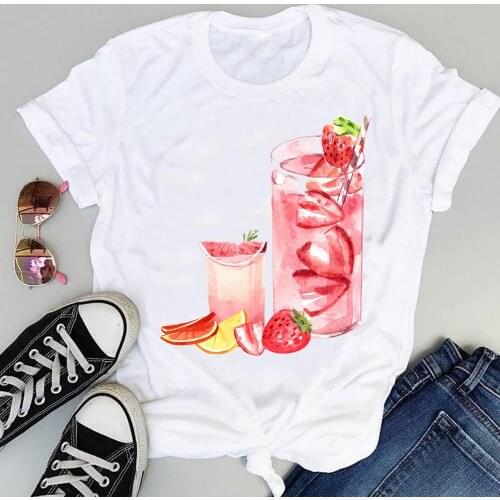 Women T Shirt Cute Beach Drink Strawberry Fruit Cartoon Short Sleeve Graphic Tops Tee Summer Fashion Print Female Clothes Tshirt