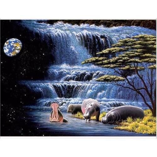Waterfall diamond mosaic painting hippos rhinestone embroidery animal diamond art drawing picture puzzle wall paper home decor