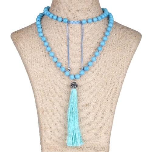 KEJIALAI Blue Turquiose Healing Stone Pink Angular Crystal Beads Lapis Lazuli Handmade Strand Women Jewelry Tassel Necklace