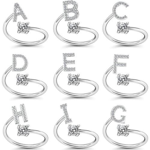 New Design Letter A-Z Openable Adjustment Rings Simple Wild Crystal Inlay Gem Circle Ring Women Wedding Jewelry Anniversary Gift