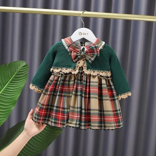 Spring Sweet Princess Clothes Set Girls Children Kids Baby Plaid Bow Coat Outwear+Dress 2pcs Suit