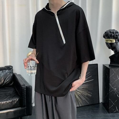 Summer Hooded T-shirt Mens Fashion Solid Color Casual T Shirt Men Streetwear Korean Loose Hip-hop Short-sleeved Tshirt Mens