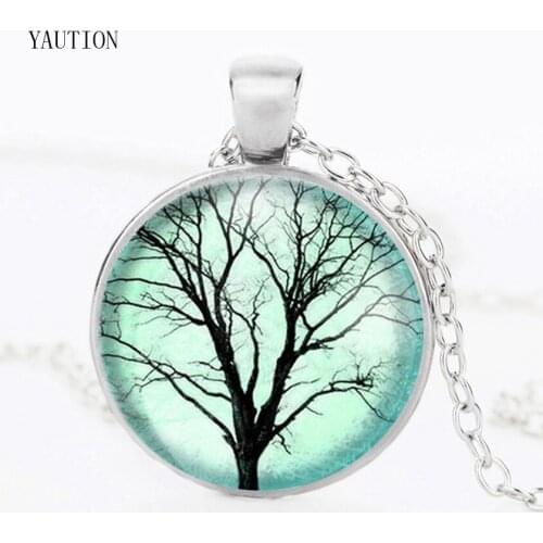YAUTION Fashion Tree of Life Necklace Glass Cabochon Picture Pendant Forest Woods Black Long Chain Necklaces Handmade jewelry