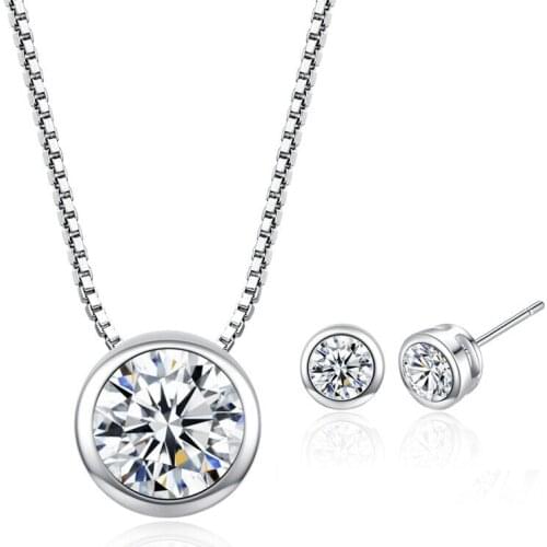 Trendy Female White Crystal Jewelry Set Dainty Silver Color Stud Earring For Women Cute Round Zircon Wedding Chain Necklace