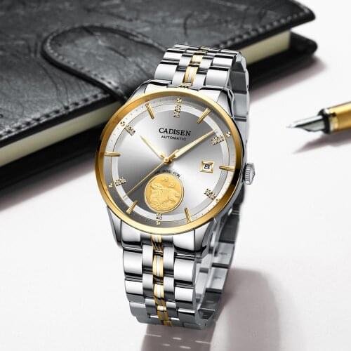 2020 CADISEN Mens Watches Luxury Automatic Mechanical MIYOTA 8215 Wristwatch 24K Date Mens Sapphire Watch Swim Gold Coin Watch