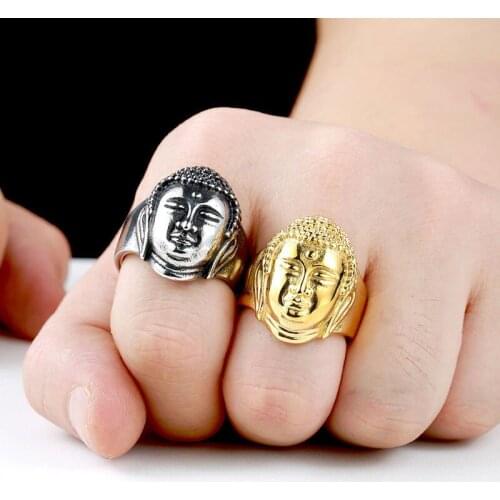 Vintage Gold Buddha Titanium Steel Skull Biker Gothic Punk 316L Stainless Ring For Men Retro Male Design Round Bands Rings