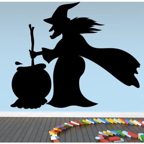 Witch With Cauldron Wall Sticker Living Room Self Adhesive Cartoon Halloween Home Decor Wall Mural