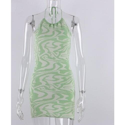 NEWDISCVRY Green Sexy Halter Neck Beach Bodycon Dresses Y2k 2021 Summer Print Backless Sleeveless Bandage Women Knit Dress Party