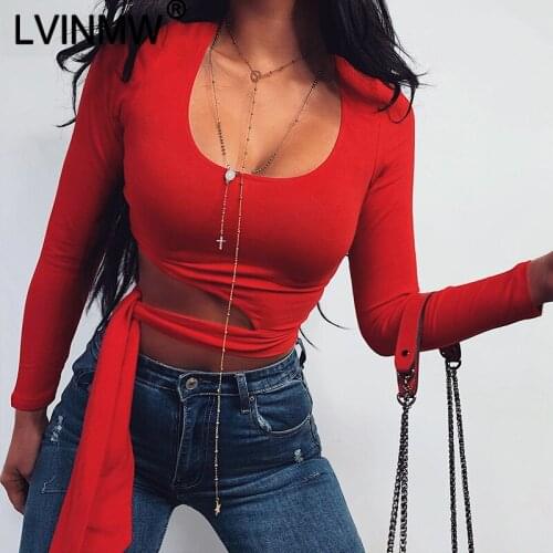 LVINMW Solid Cotton O Neck Lace Up Bow Long Sleeve Crop Top 2019 New Women Fashion Slim T Shirt Female Streetwear Tee Tops