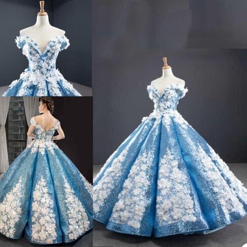 Luxury Sky Blue Celebrity Evening Dresses Sexy Off Shoulder Lace 3D Appliques Prom Gown Dubai Arabic Custom Made Robe De Soiree