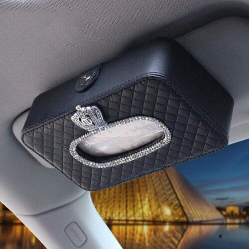 Luxury Rhinestone Crown Car Tissue Case Box Women Girls Leather Hanging Accessories Paper Towel Storage Covers