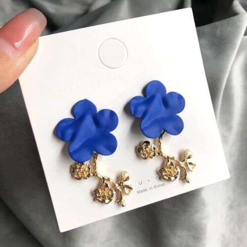 Japanese and Korean temperament flower branch blue design net red versatile popular Earrings