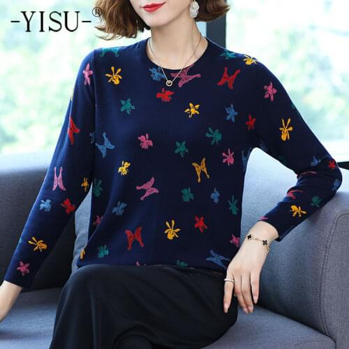 YISU 2021 New Fashion Women clothing Wool Sweater Jumper O-Neck Printing tops Long sleeves Loose Female Casual Knitted pullover