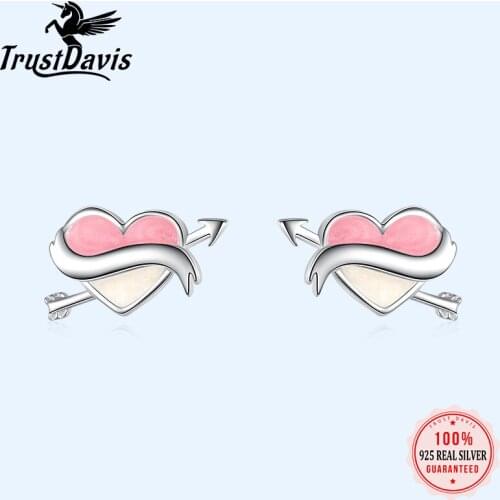 Trusta 100% 925 Solid Real Sterling Silver Personality Pink Cupid Loves Stud Earrings For Girl Women Fine Silver Jewelry DS1249