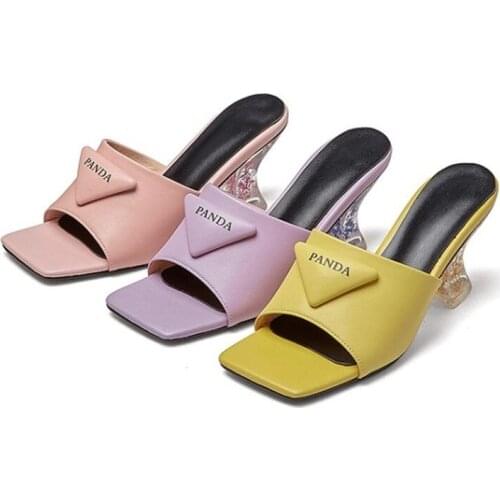 Womens Peep Toe Genuine Leather Match Colors Strange High Sequins Crystal Heel Slippers Mules Shoes Slides New 2021