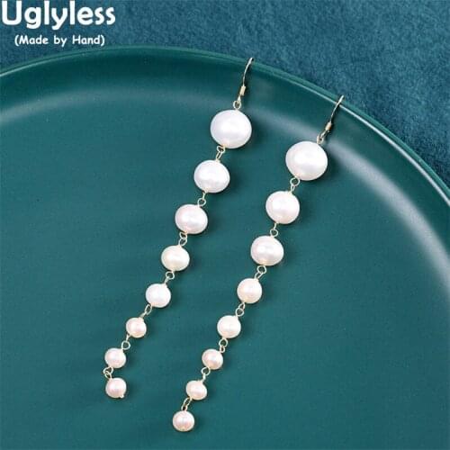 Uglyless 14K Filled Gold = 9K Gold 10CM Long Tassels Pearls Earrings for Women Summer Street Fashion Dress Jewelry Antioxidant