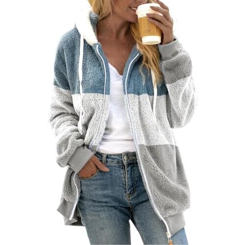 Winter Womens Plush Patchwork Zipper Pocket Hooded Jacket Fur Woman Coat Plus Size Thick Warm Women Winter Sweatshirts #T2G