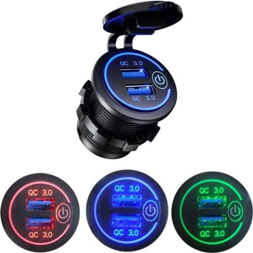 12-24V QC 3.0 Touch Switch Waterproof Universal Motorcycle Car Truck Boat Dual USB Charger Socket For Phone Tablet Camera