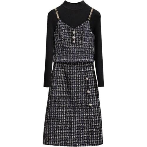 2021 Autumn Winter 3 Piece Sets Women Sweater Pullover Knitwear+Plaid Belted Dress Suits Outfits Office Lady Fashion Full Tops