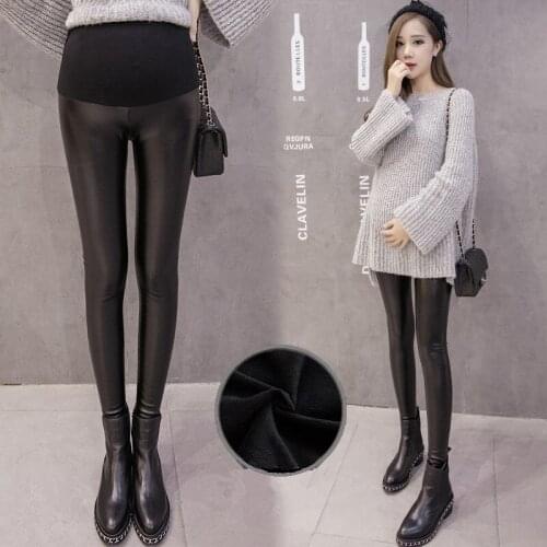 Afei Tony PU Leather Pregnant Womens Leggings Autumn Winter Warm Pants For Femme Enceint Plus Velvet Adjustable High Waist