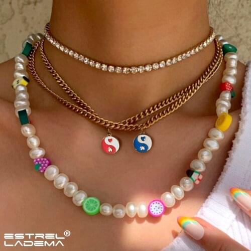 Bohemia Multi-layer Colorful Fruit Pearl Beaded Yin Yang Pendant Necklace For Women Shiny Crystal Tennis Chain Necklaces Jewelry