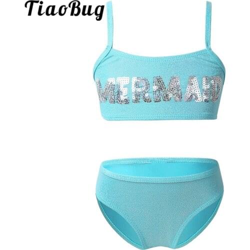 TiaoBug Kids Sequins Letter Mermaid Swimming Tops with Bottoms Tankini Set Girls Swimwear Swimsuit Child Bathing Suit Beachwear