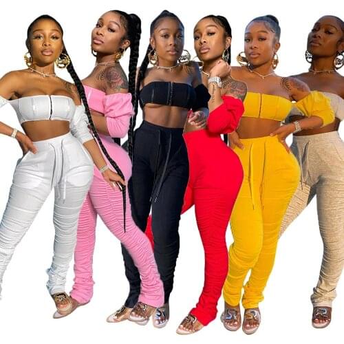 DPSDE 2020 summer women new sexy street style sets long sleeve strapless short top elastic long pants pure color two piece sets